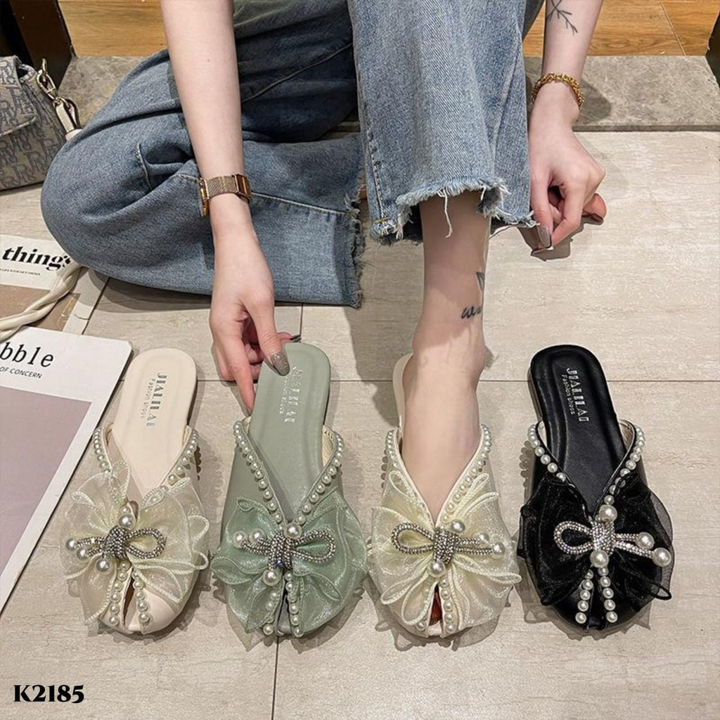 RESTOCK WYN FLAT SLIPPERS FADDISH PEARL RIBBON DIAMOND K2185