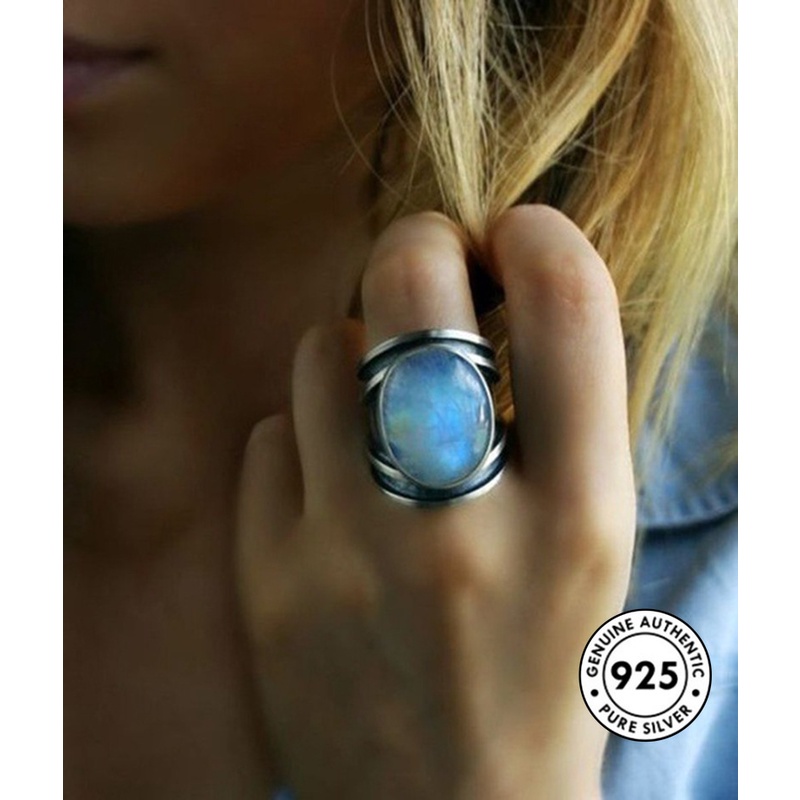 Cincin S925 Silver Aksen Batu Bulan Warna-Warni Gaya Retro