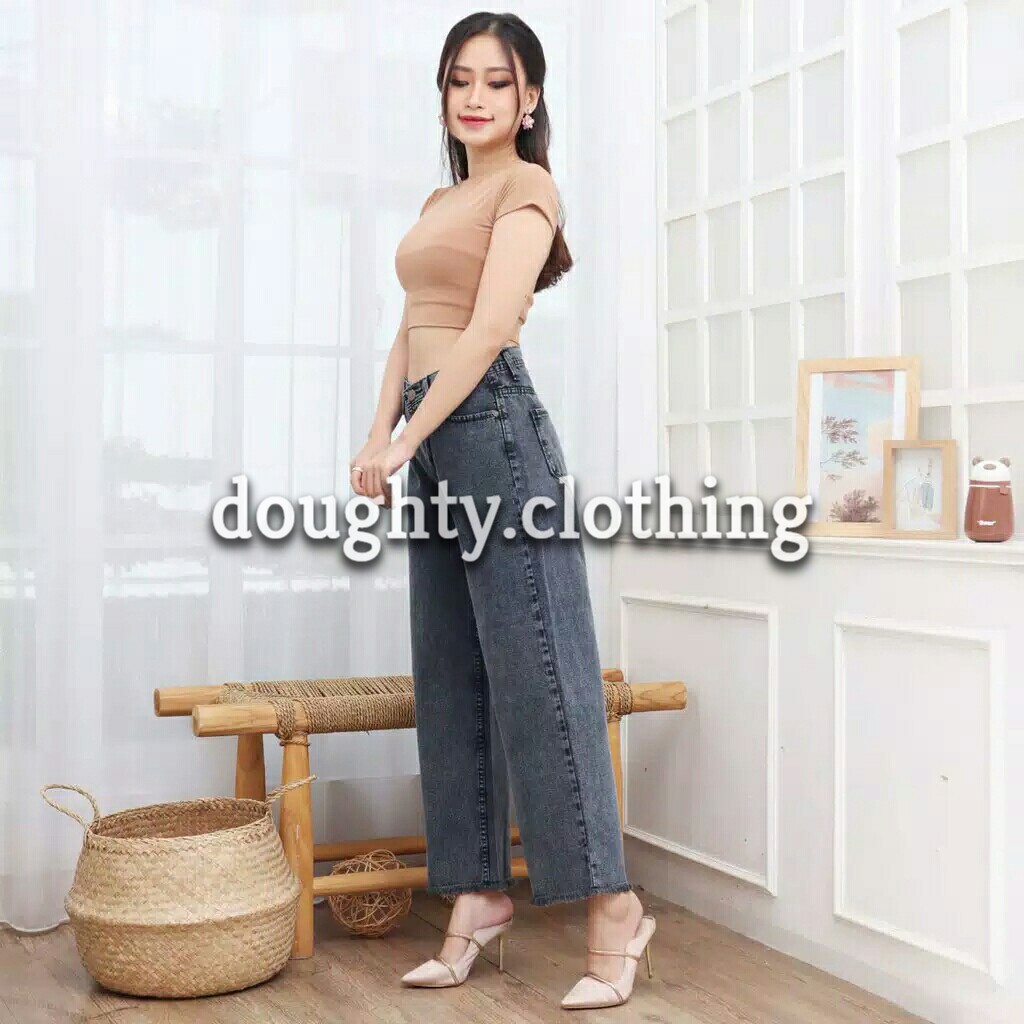 Boyfriend Jeans Culottes Snow Black Unfinished Cut / Boyfriend Jeans Kulot Hitam Salju Gunting Bawah