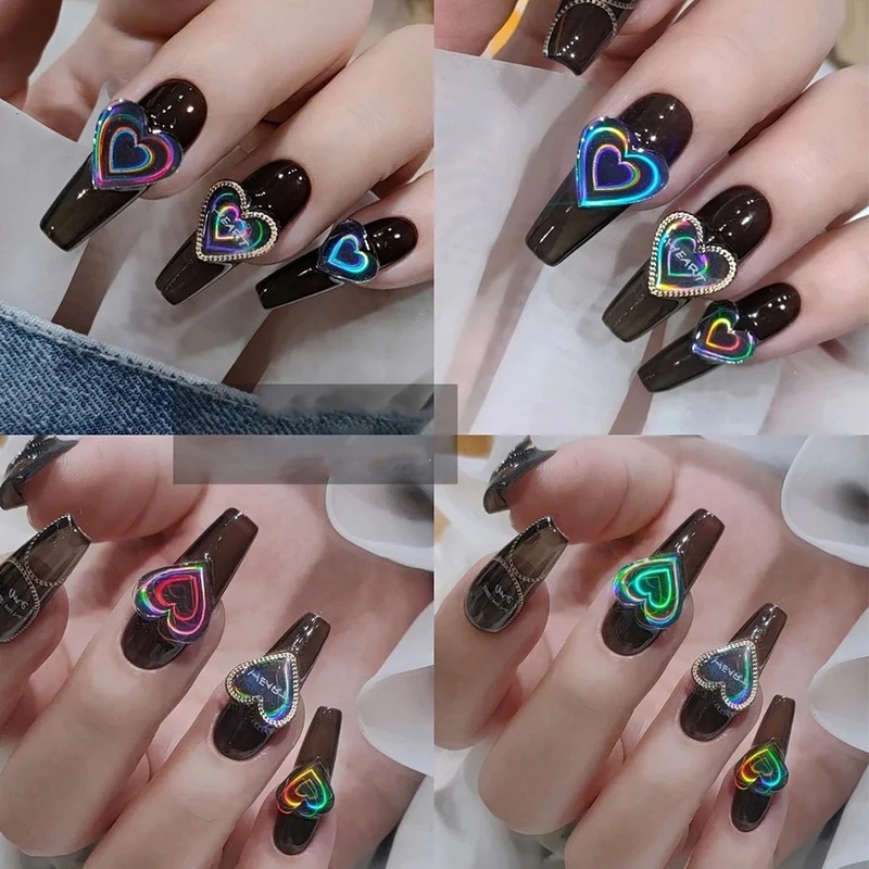 1 Lembar / Pak Stiker Kuku Foil Laser Aurora 3d Super Terang Motif Bintang / Hati / Holografik