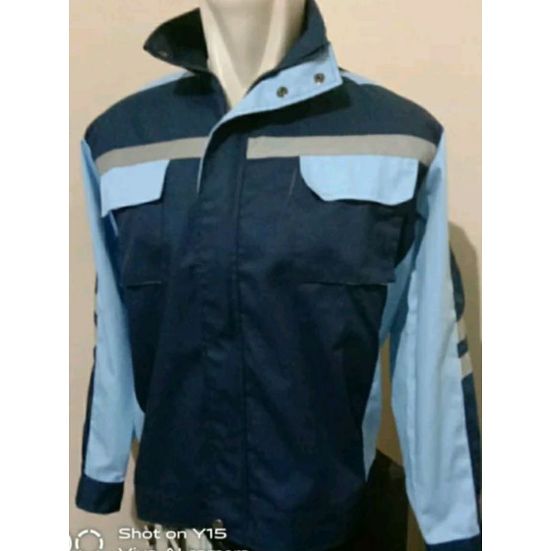 SERAGAM SAFETY BIRU LANGIT KOMBINASI DONGKER RESLETING SEMI JAKET KAIN DRILL