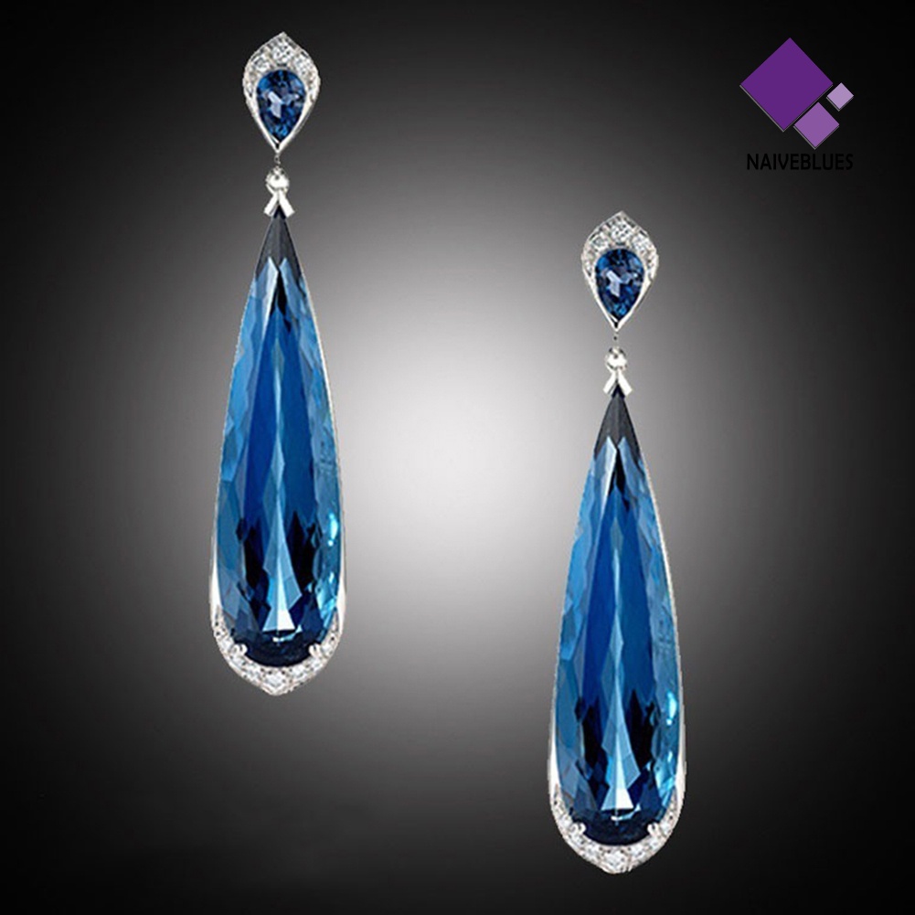 Anting Juntai Bentuk Water Drop Aksen Sapphire Gaya Elegan Untuk Wanita