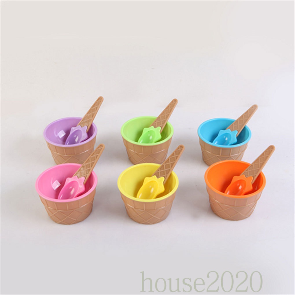 [house2020]Plastic Ice Cream Frozen Yogurt Cup with Spoon Dessert Bowl Ice Cream Bowl Spoon Set Random Color