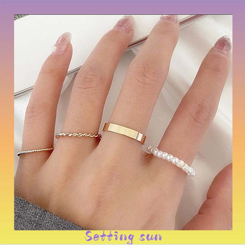 Korea Wanita Mutiara Cincin Wanita Emas Cincin Logam Set Fashion Perhiasan Aksesoris TN