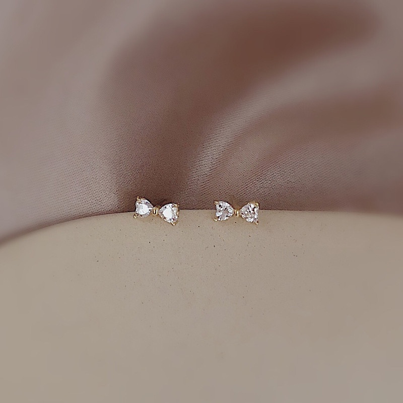 Anting Tusuk Lapis Emas 14K Desain Pita Hati Hias Cubic Zirconia Untuk Wanita