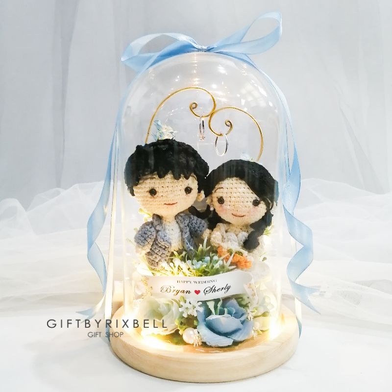 RB Wedding Couple Dome (cincin nikah, boneka crochet, amigurumi, glass dome custom)