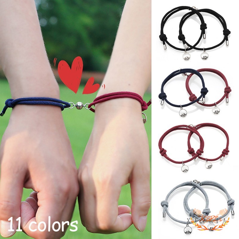 2 Pcs Gelang Magnet Couple Gelang,hitam etnik bead Tali Attract Braided Bracelet,Friendship Rope Chinese Idioms Wrist Chain Jewelry Staunch Lover,Adjustable Braid Rope Bracelet