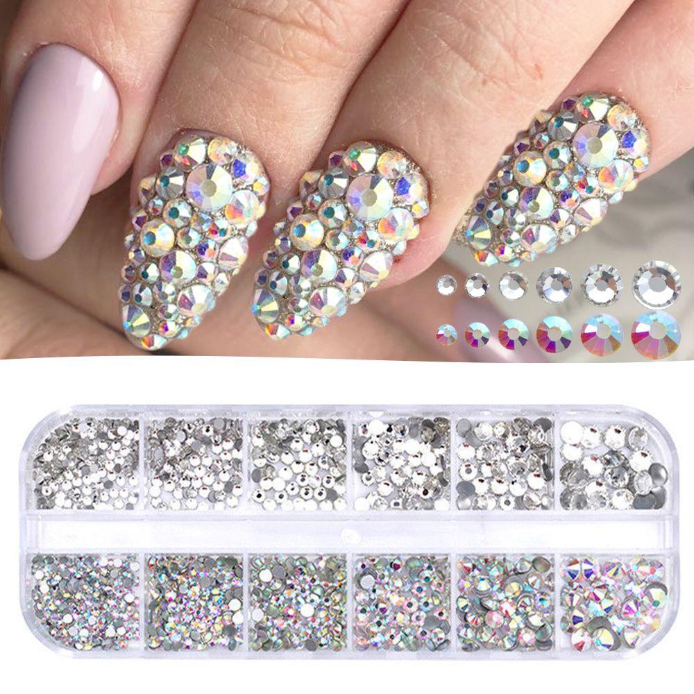MXBEAUTY Nail Art Decoration 12 Grid/set Multi Size Flatback Rhinestones DIY AB Color Clear Crystal Manicure