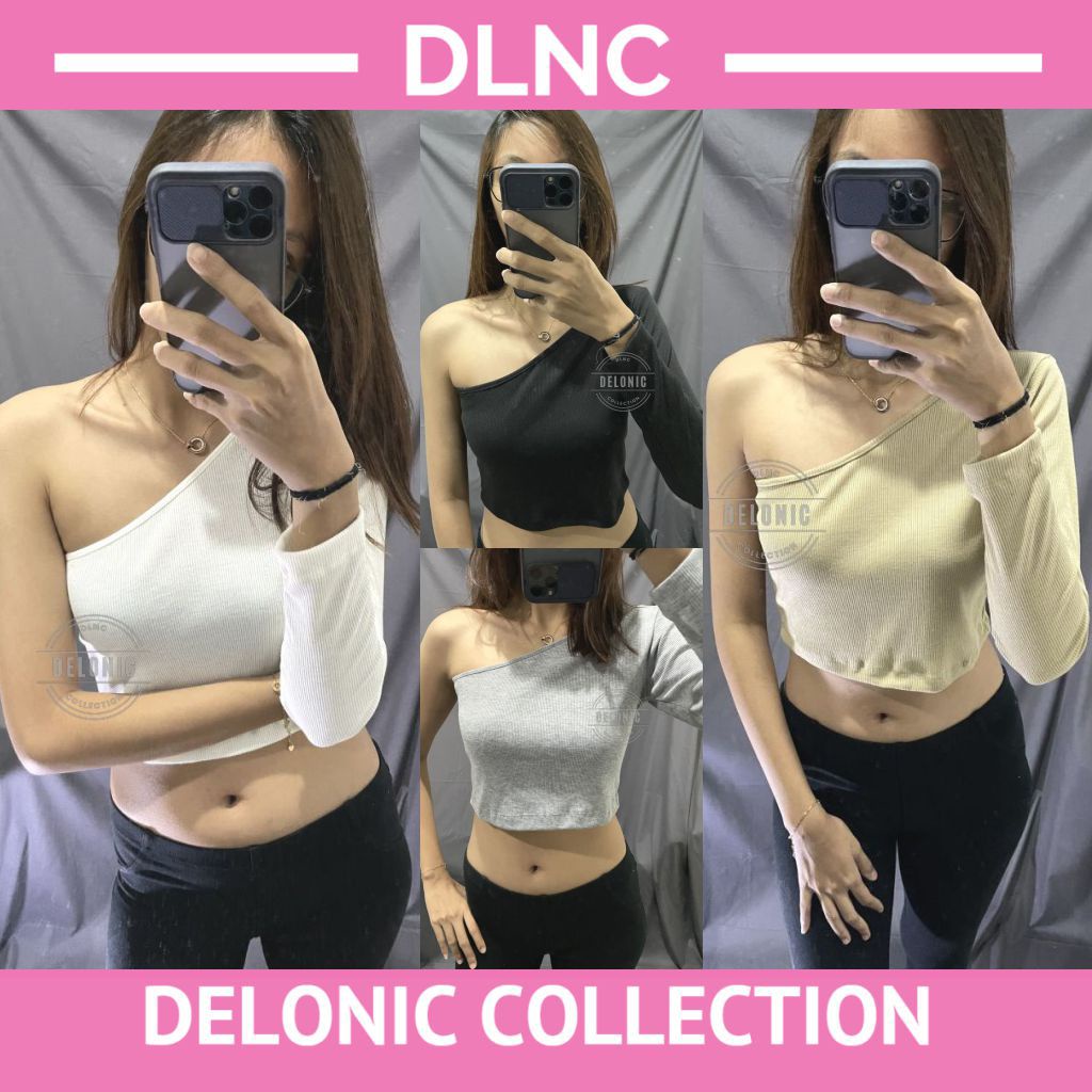 Premium Keyna Feminime One Shoulder Knit Crop Top - Atasan Baju Rajut Off Shoulder Blouse Fashion