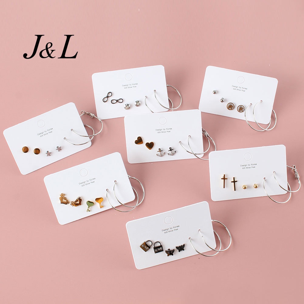 6pcs / Set Anting Tusuk Motif Bintang / Kupu-Kupu / Hati Bahan Alloy Warna Silver Untuk Wanita