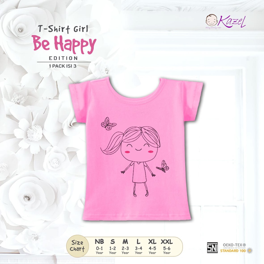 Kazel Tshirt Girl Be Happy Isi 3pcs - Kaos Anak Perempuan