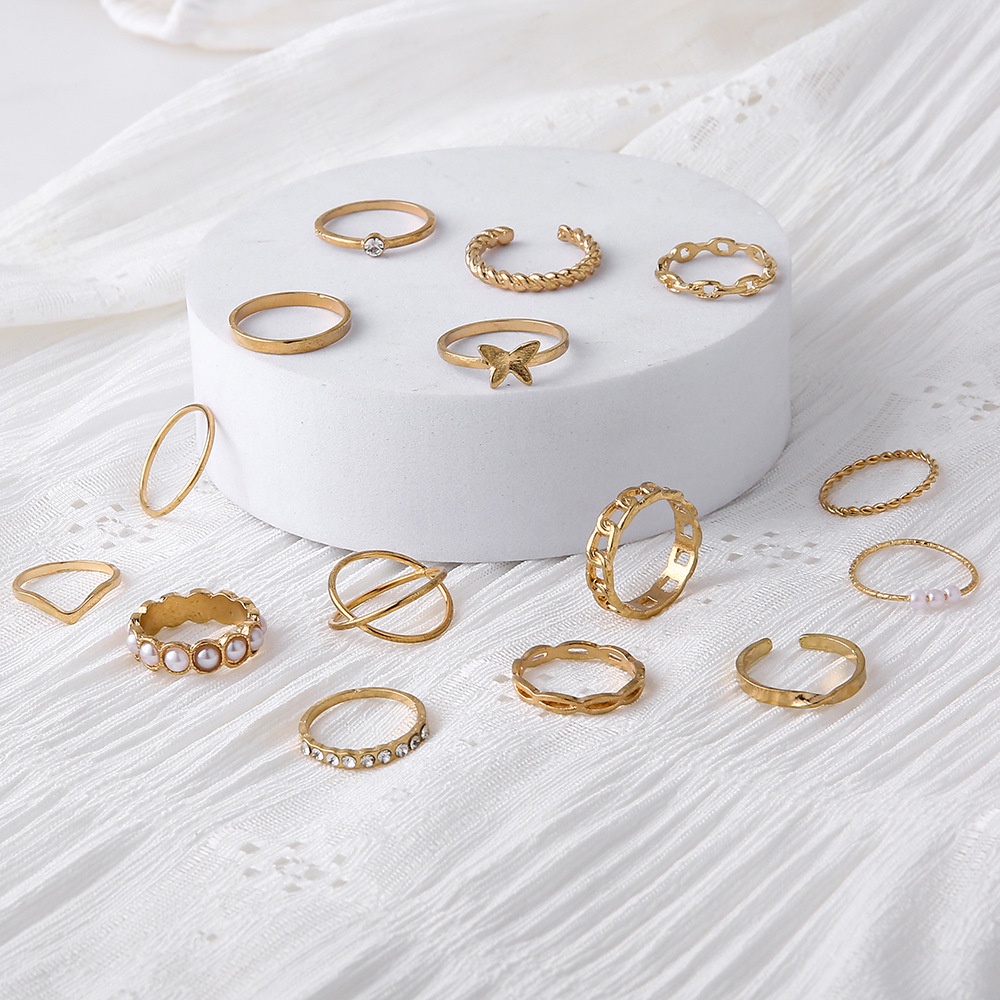 【COD Tangding】15pcs / Set Cincin Jari Telunjuk Desain Kupu-Kupu Mutiara Berlian Gaya Eropa Amerika