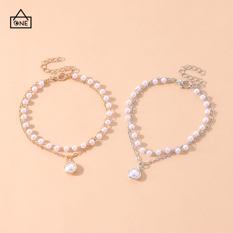 COD Fashion Korea Wanita Temperamen Manis Gelang Aksesoris Perhiasan Gelang Mutiara Ganda  A one