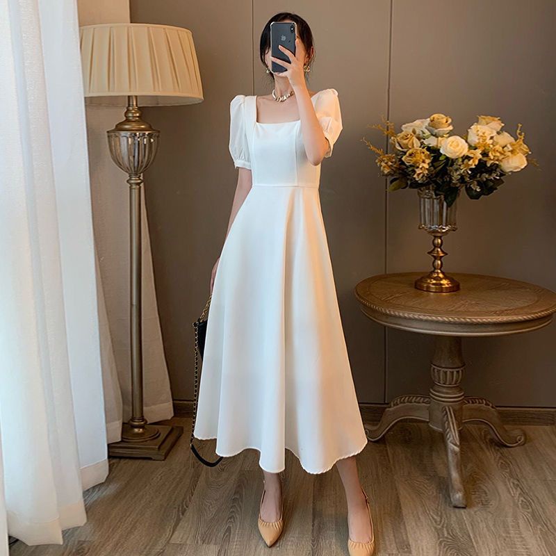 U Neck Dress Wanita Elegan Dress / Korean Party Dress Square Neck