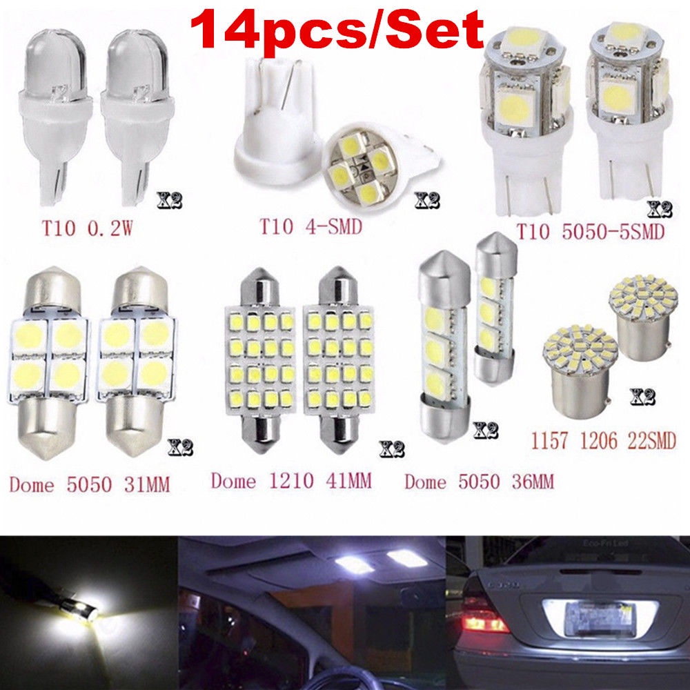 14pcs /Set LED 1157 T10 31/36/41mm Car Auto Interior Map Dome License Plate Replacement Light Kit White Lamp Set