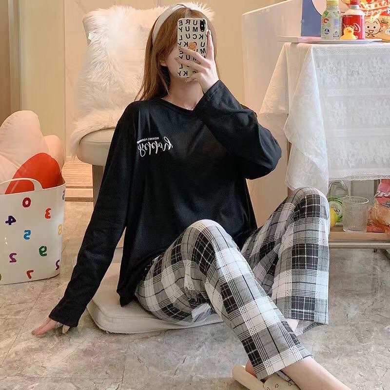 JC- Stelan Import Oversize Premium PP / Stelan piyama import Panjang  / piyama Korea Bigsize Import-Text SQ Black PP