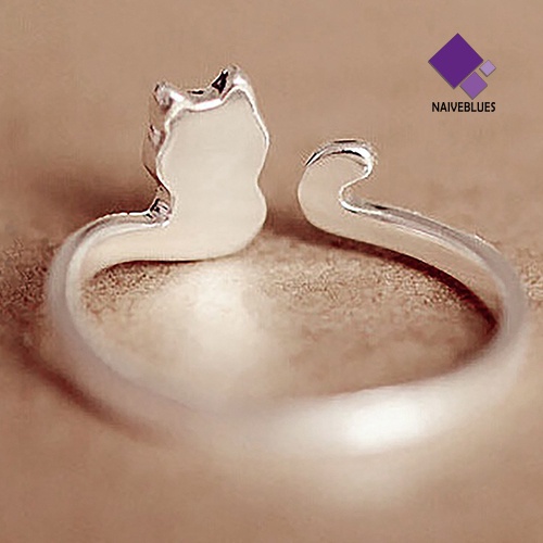 Cincin Model Terbuka Adjustable Desain Kucing Lapis Silver Untuk Wanita