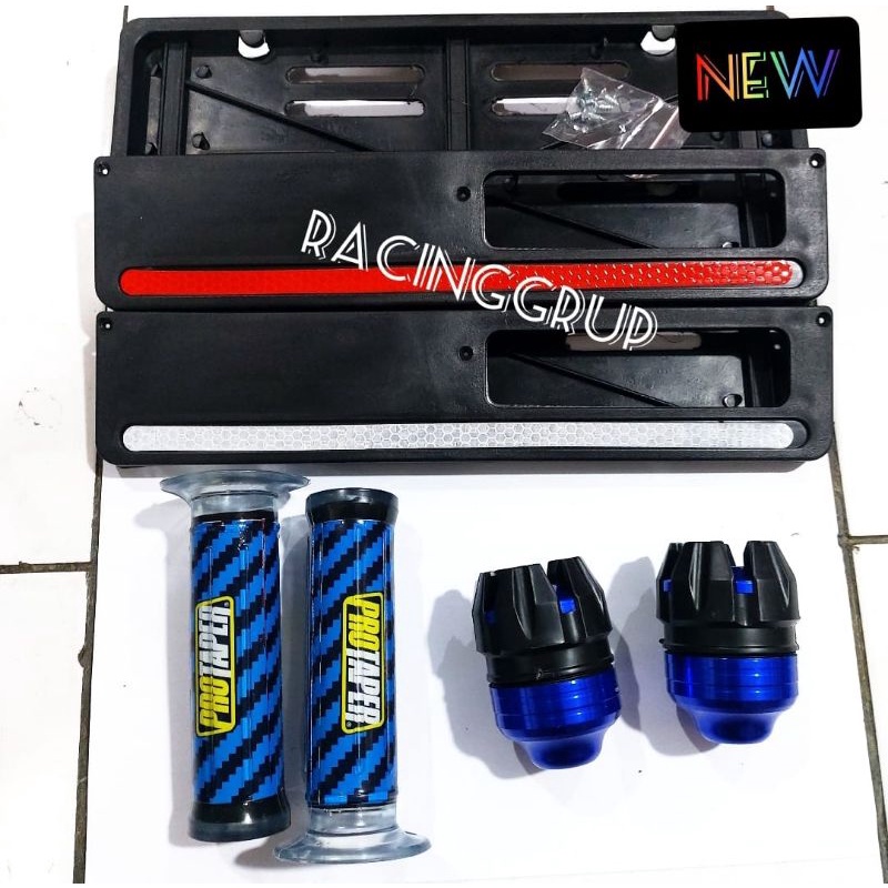 Paket Variasi Motor Handgrip Carbon + Jalu As Roda Depan + Dudukan Plat Nomor List Warna / BIRU