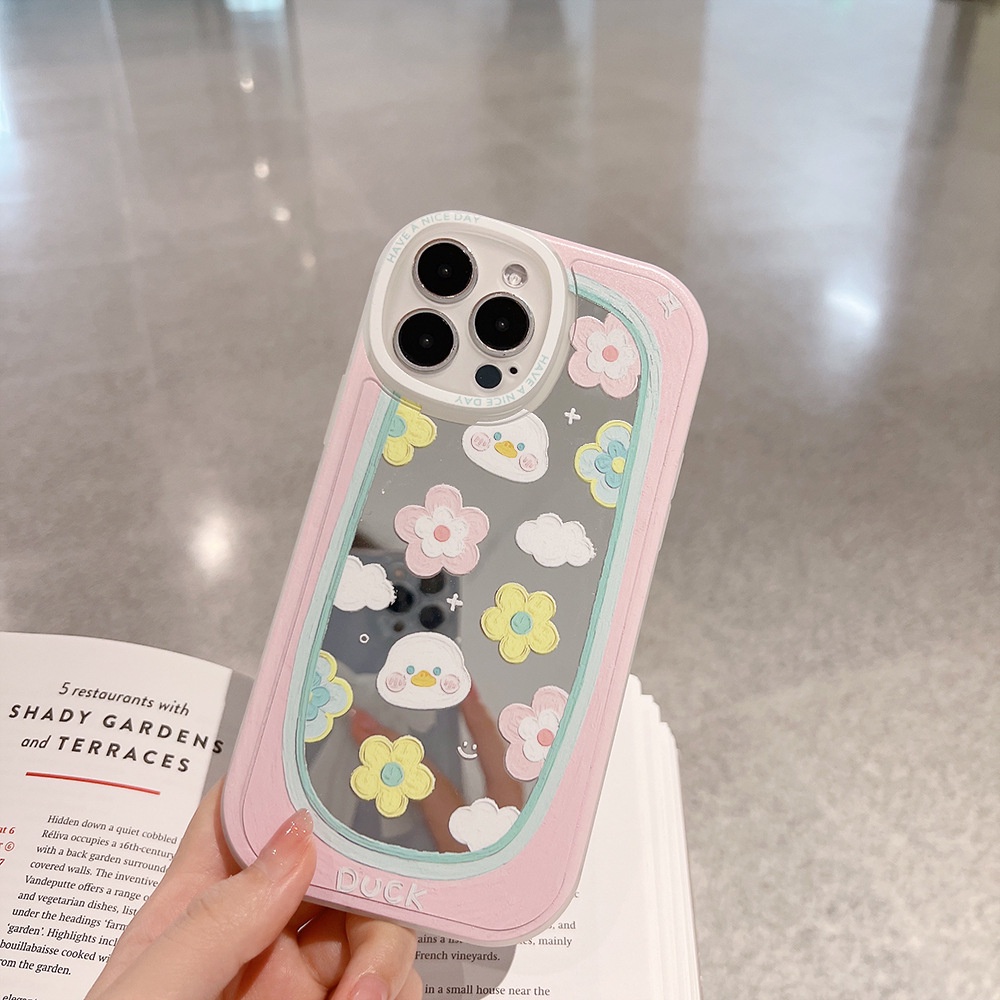 IPHONE Bunga Cermin Make Up Big Eyes Case Dengan Rantai Warna Pink Untuk Iphone11 8 7 Plus SE2 XS XR 12 13 Mini PRO MAX Casing Cover Pelindung AT0209