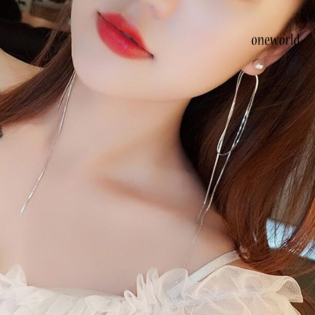 OW# Women Rhinestone Faux Pearl Ripple Tassel Long Drop Earrings Statement Jewelry