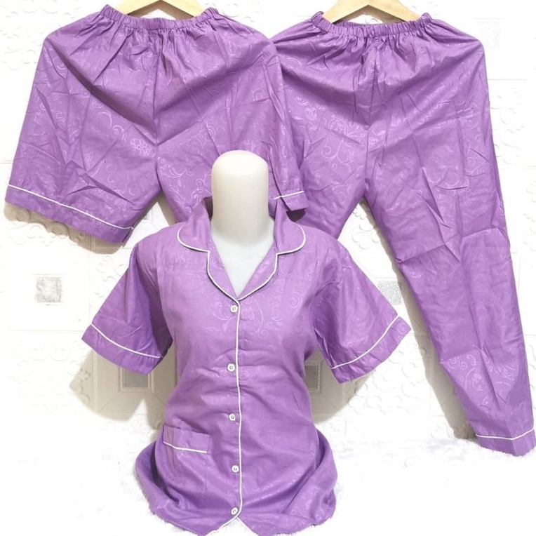 ISANNY PIYAMA SET 3IN1 SIZE XXL/SATIN EMBOSS 3IN1 JUMBO/BAJU TIDUR DEWASA/READY STOCK-LAVENDER