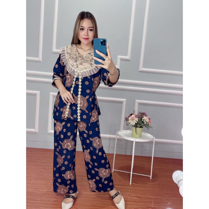 Setelan Celana Jumbo Motif Abtrak Busui lengan Pendek Renda Brokat