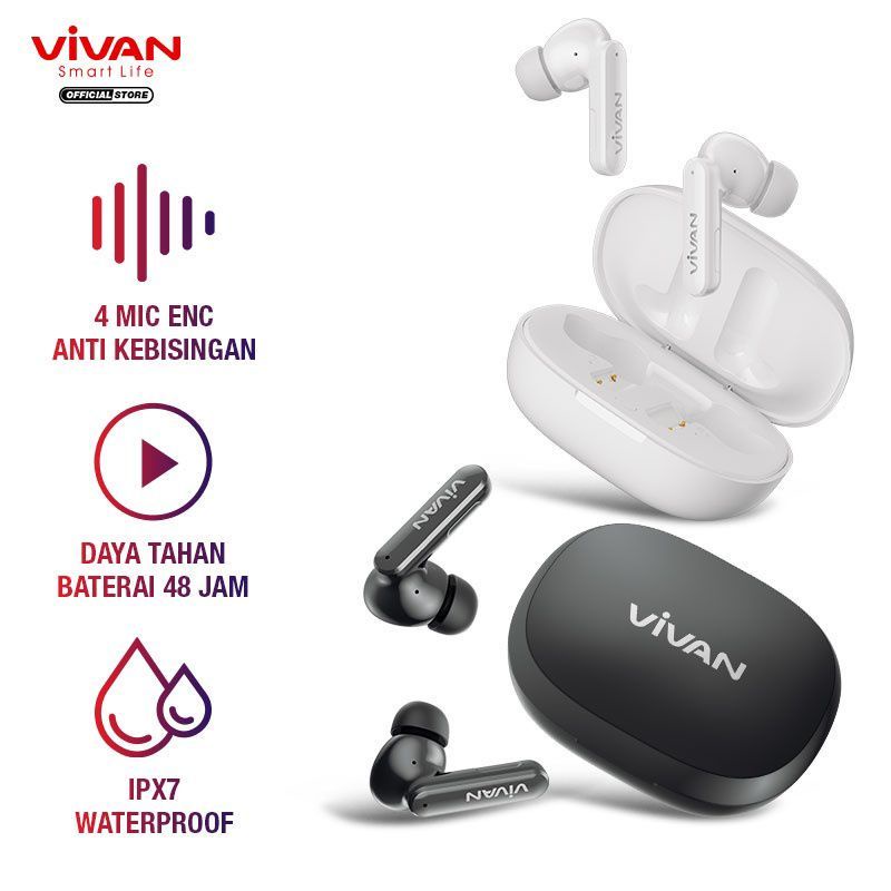 VIVAN Earphones Headset TWS T600NC Bluetooth 5.2 Waterproof IPX7 48 Jam Play Time
