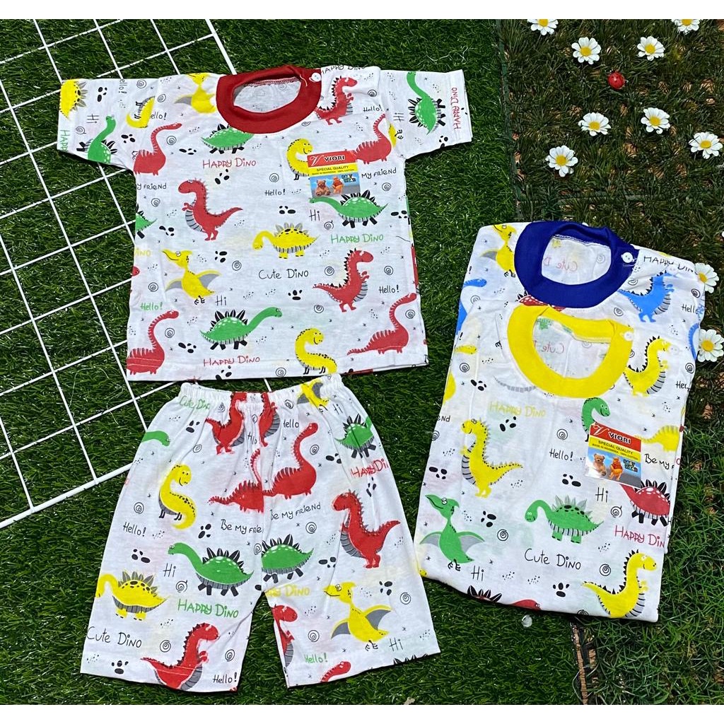 baju anak lucu murah motif full print dino setelan pendek 3-18 bulan (PD 032)