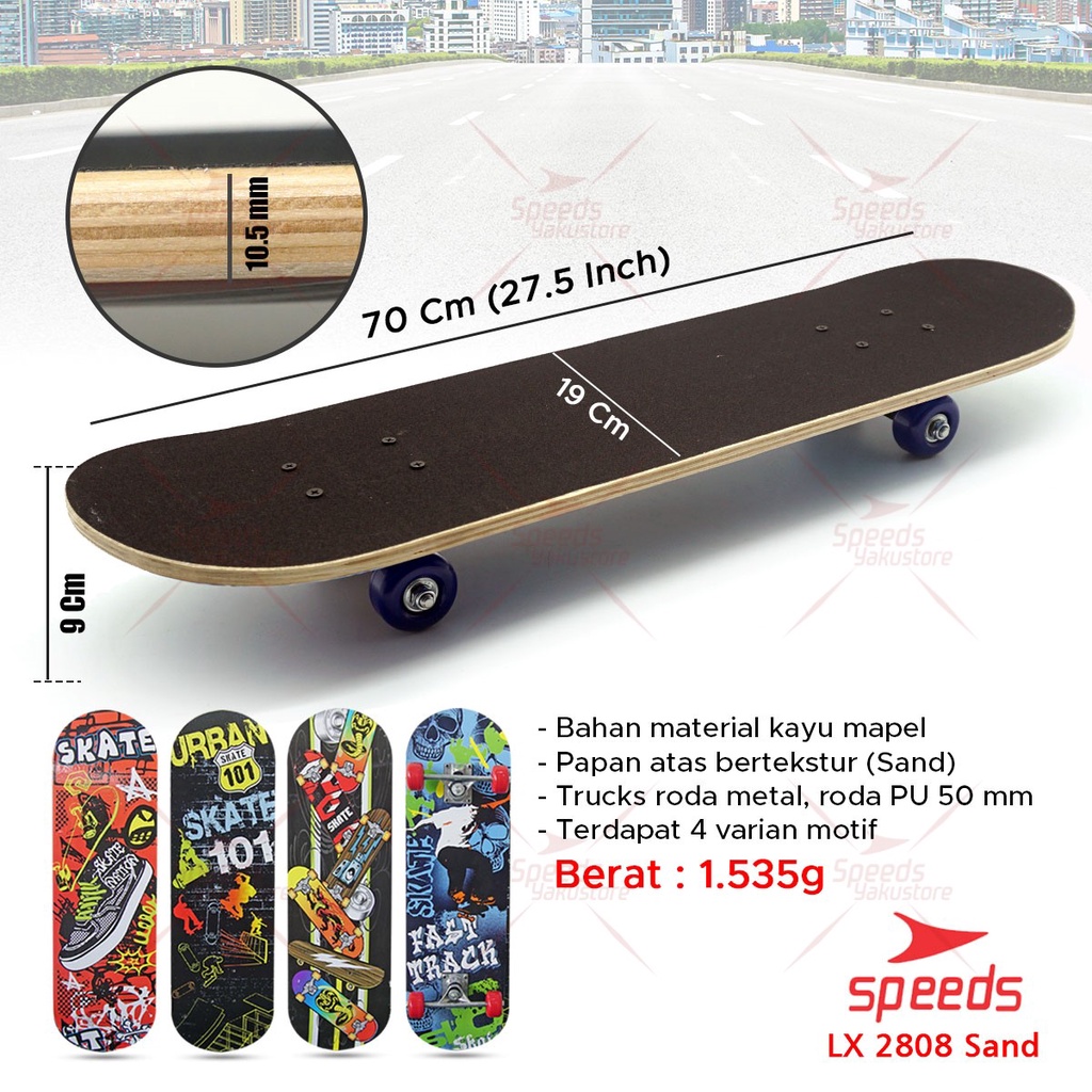 SPEEDS Papan Skateboard FullSet Dewasa Besar Alas Pasir Kayu Skate Board LX 028-2808 Sans