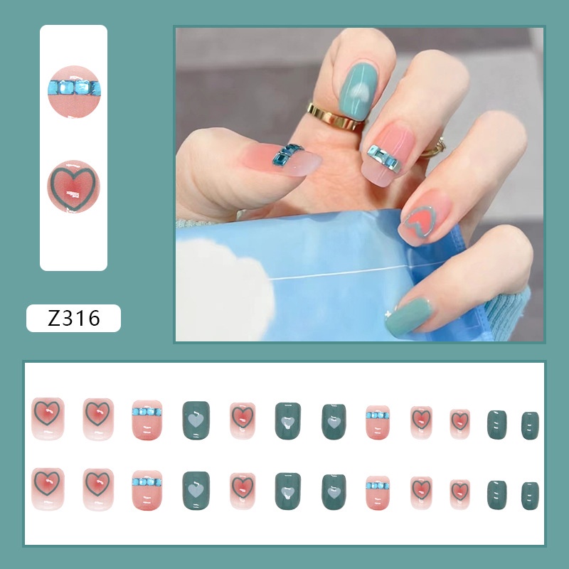 24pcs / Kotak Kuku Palsu Warna Biru Aksen Berlian Imitasi Untuk Dekorasi Nail Art