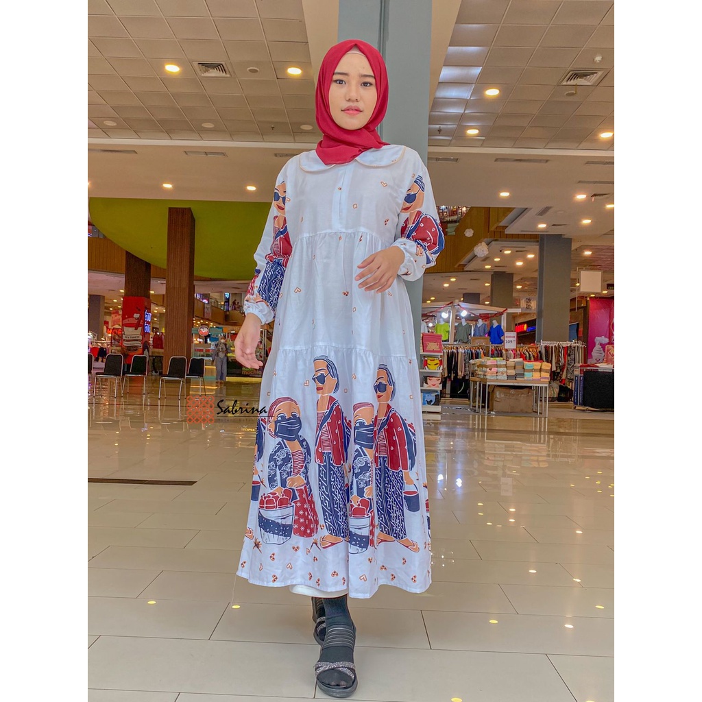Manten Midi Dress Batik Kerja Kantor Wanita Cap Kombinasi Modis Modern Kekinian
