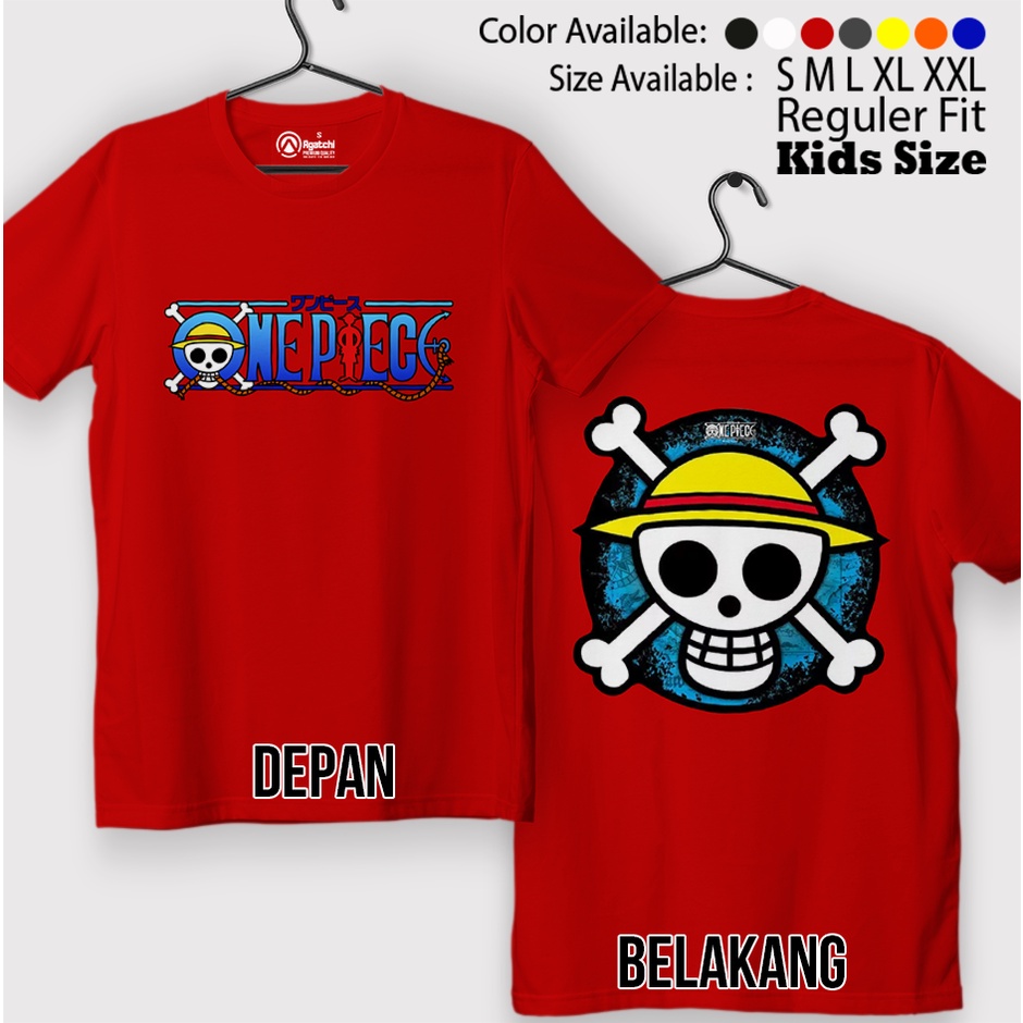 Kaos Atasan Anak Laki Laki / Baju Anak / Kids T shirt Anime One Piece Logo Tengkorak Bajak Laut Sablon Depan Belakang