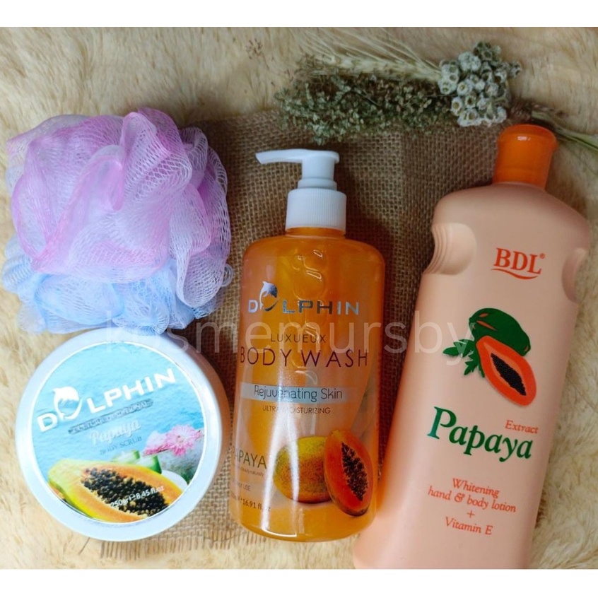 1 Set Sabun DOLPHIN Papaya + Handbody BDL Papaya + Body Scrub + Spons Mandi Jaring ORIGINAL