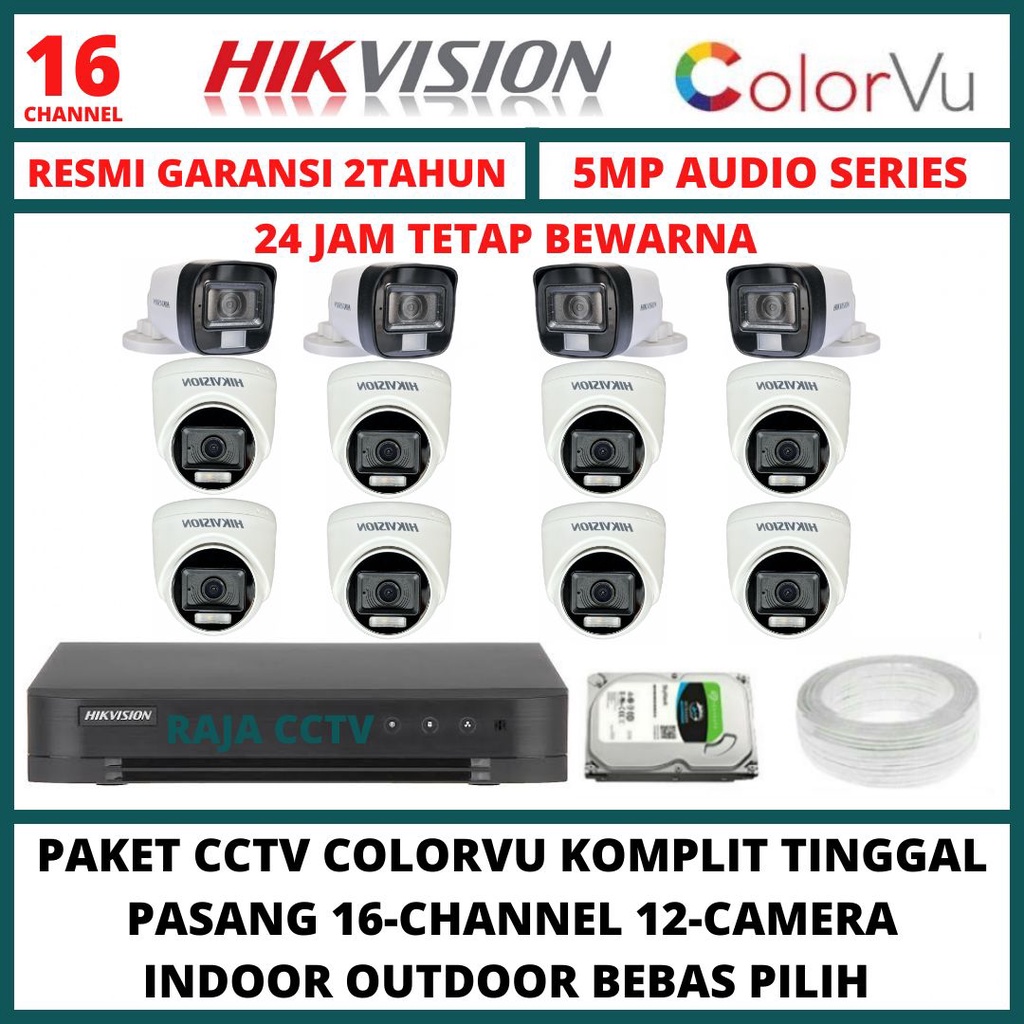 PAKET CCTV HIKVISION 5MP COLORVU 16 CHANNEL 12 CAMERA TURBO HD 3K COLORFUL KAMERA CCTV AUDIO SERIES