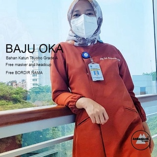 Baju Jaga Wanita Seragam Dokter Perawat Bidan Model Kancing Samping tangan kerut free bordir nama 1 baris