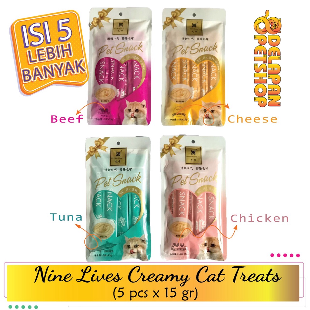 Nine Lives Creamy Cat Treats Snack Cemilan Kucing Cair Liquid 75 Gram (15g x 5 pcs) -> EXP DI SLIDE 