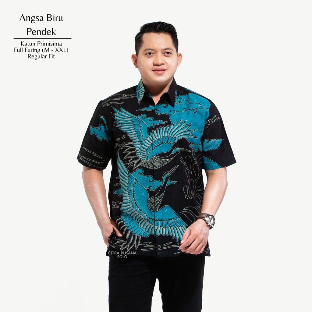 ANGSA BIRU PENDEK Kemeja Batik Pria Full Furing Bahan Katun Primisima