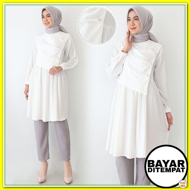 Tunik Remaja Polos Model Terbaru Kekinian 2021 / Baju Wanita Tuni UL656  Putih & Hitam Trish Pliske
