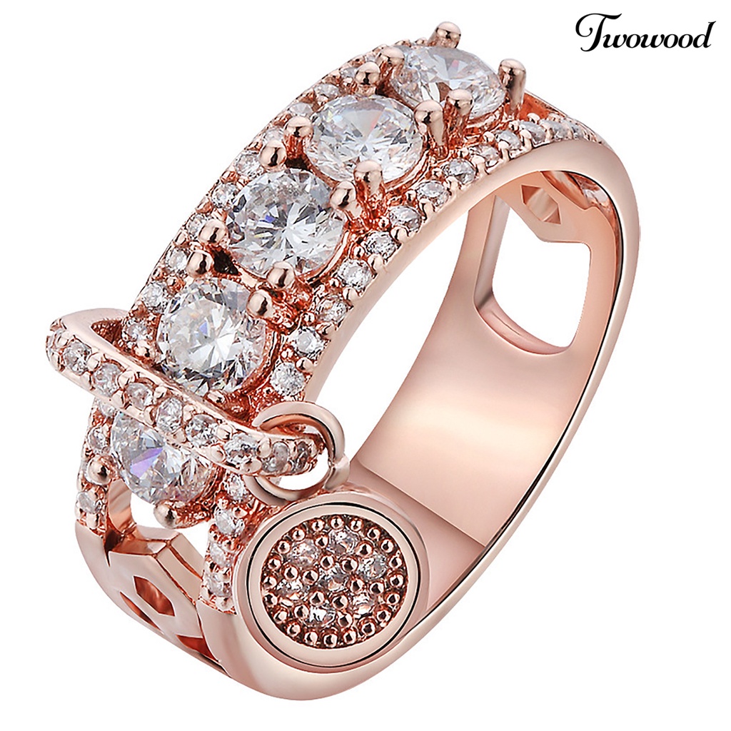 Twowood Cubic Zirconia Women Ring Disc Pendant Alloy Hollow Wide Wedding Ring Fashion Jewelry