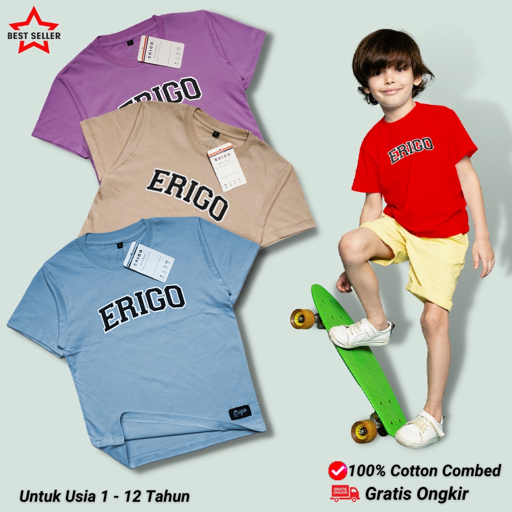 ERI-01 - Kaos anak laki-laki dan perempuan umur 1 - 12 tahun| Baju Setelan atasan anak tanggung| Pakaian anak-anak distro keren motif simple| Kaos katun combed 30s