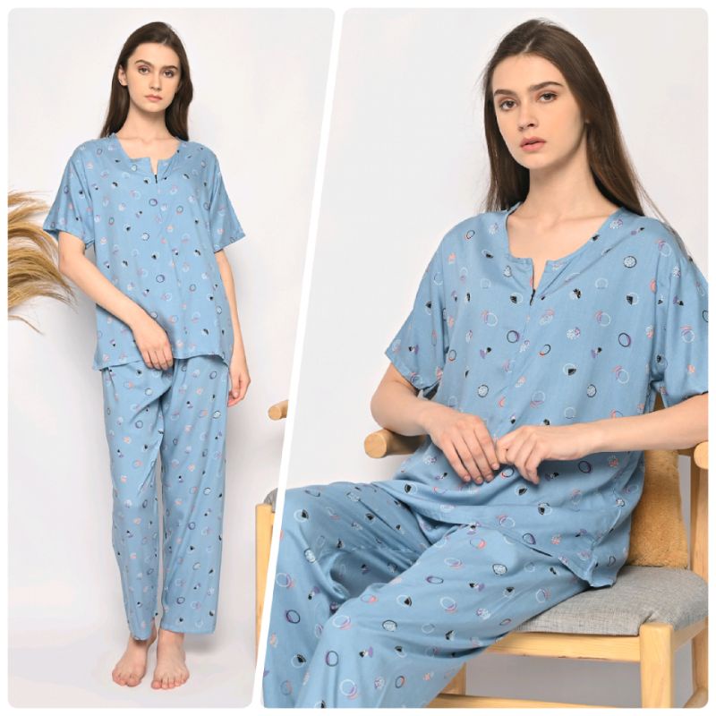 ONE SET PIYAMA RAYON-CPJ SLTG ROUND BIRU