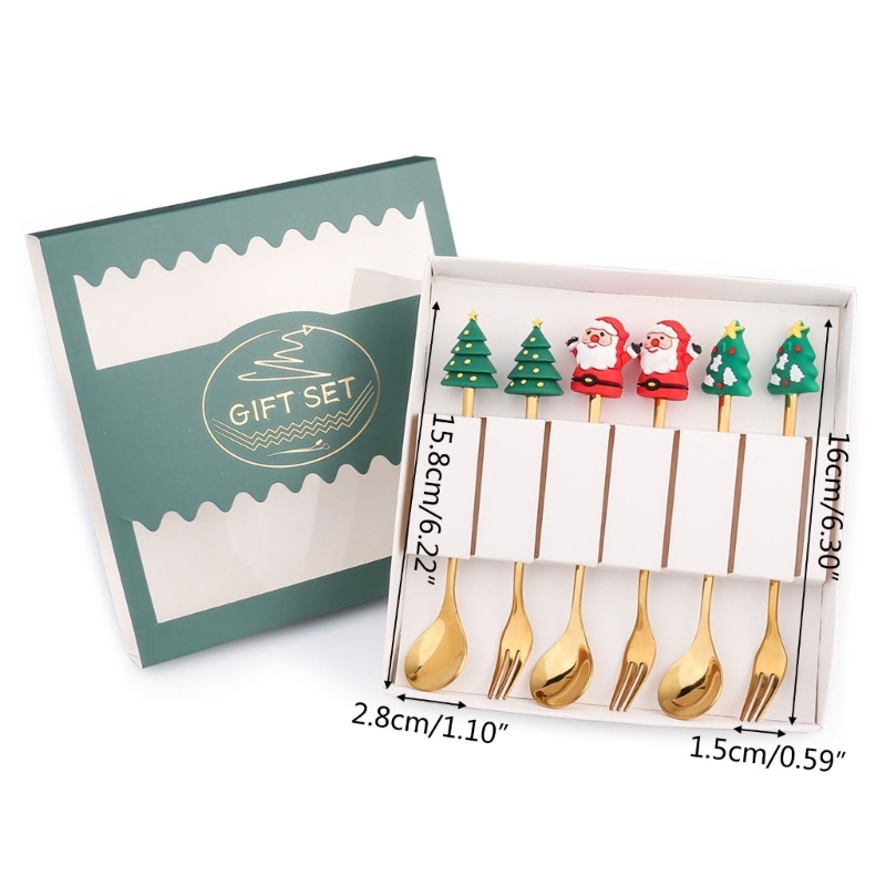 6pcs / set Sendok Garpu Bahan Stainless Steel Dengan Liontin Santa Claus Untuk Pohon Natal