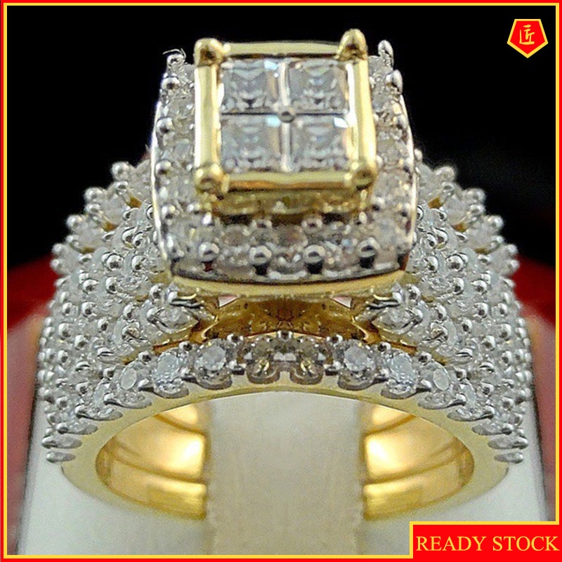 [Ready Stock]18K Gold Full Diamond Square Diamond Ring Luxury 2-Piece Set