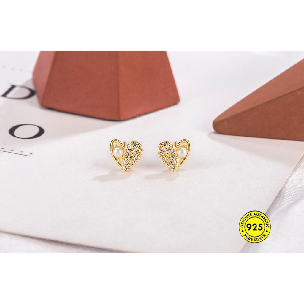 Anting Tusuk Mutiara Bentuk Hati Mini Compact Anti Air Lapis Emas 18K