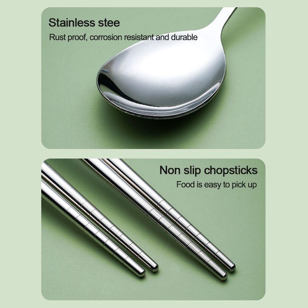 Solighter 3Pcs / set Sendok + Garpu + Sumpit Reusable Bahan Stainless Steel Dengan Kotak Penyimpanan