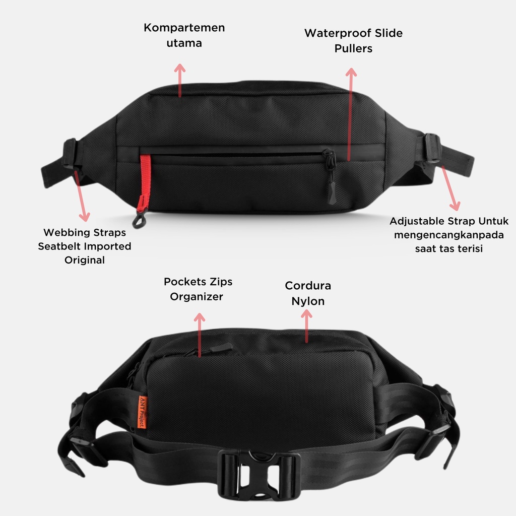 Rev x Ant - Waist Bag Pria APOLLO Black Waterpfroop