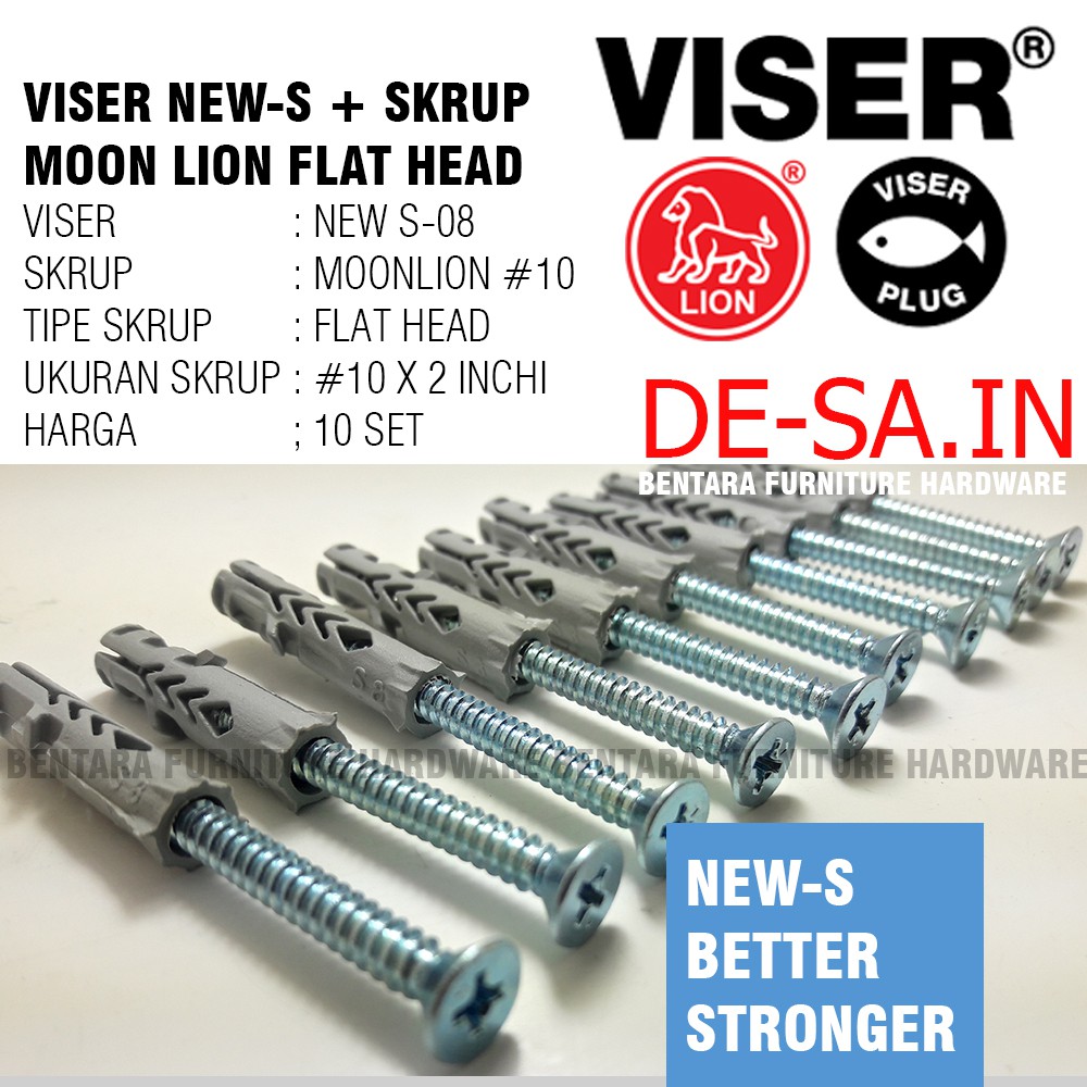 10 x Viser New-S8 + Screw Flat Head Moon Lion #10 x 2&quot; - Skrup Angkur Dinding Tembok