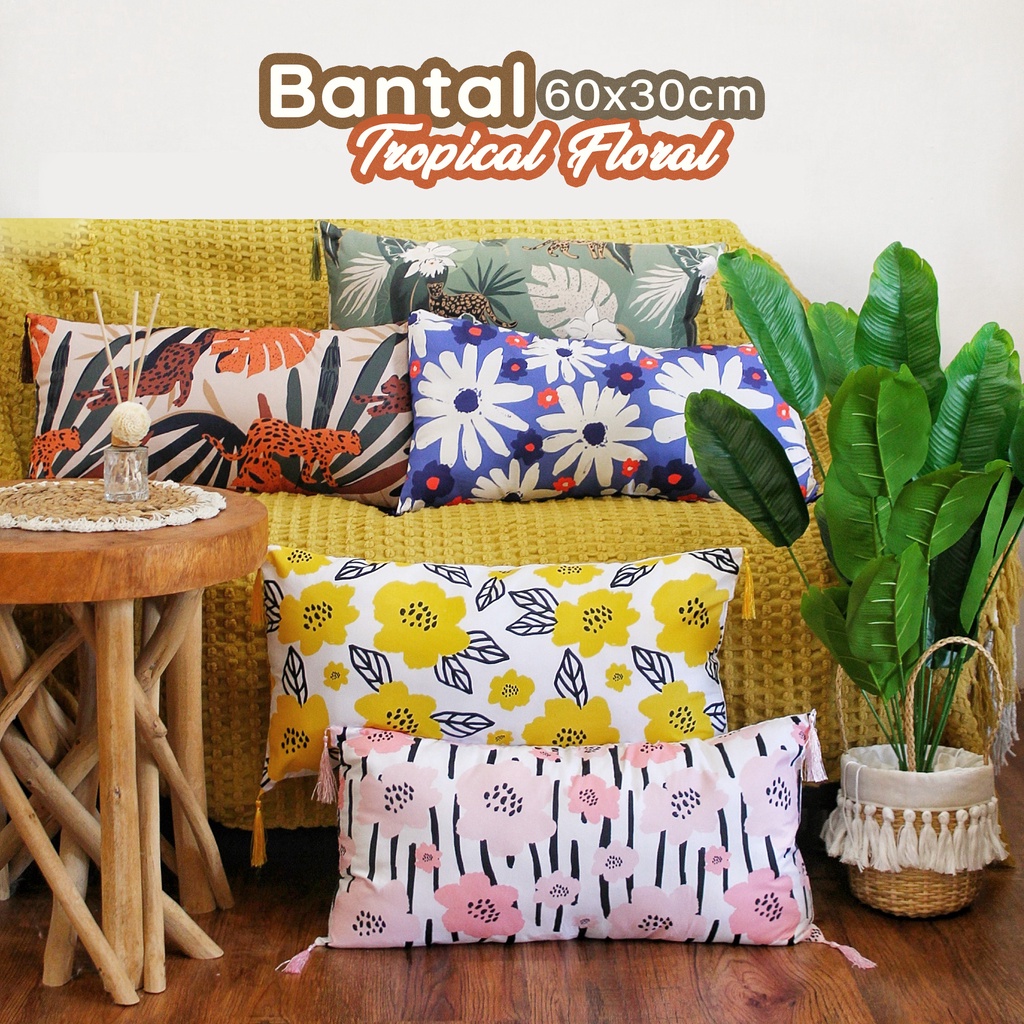 BANTAL SOFA 60x30 CM DENGAN TASSEL GANTUNG VINTAGE TROPICAL FLORAL PREMIUM DEKORASI