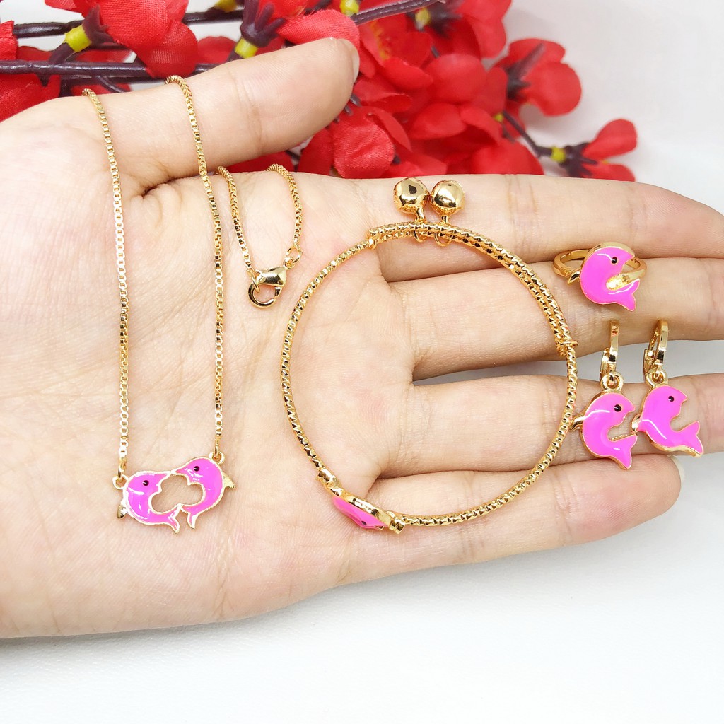 Set Perhiasan Anak Pink Kalung Anting Gelang Cincin - BS001