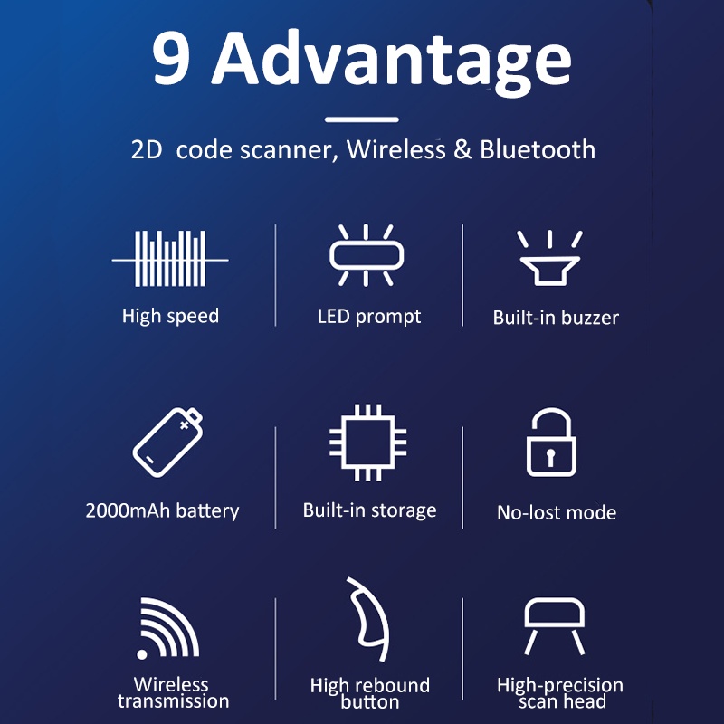 bonkyo 2D Barcode Scanner Laser 2.4G USB Wireless + Bluetooth 80m Connection baterai 2000mAh working 72 jam